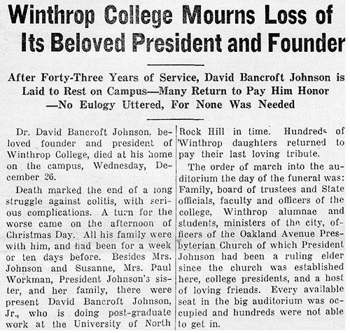 Newspaper clipping of D.B. Johnson's death