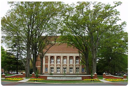 Winthrop University sign in front of Byrnes Auditorium