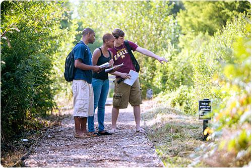 Students on a trail at the farm