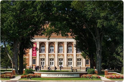 Winthrop University sign outside Byrnes Auditorium