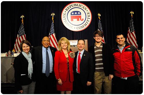 Katarina Moyon, Glenn McCall, Co-Chair Sharon Day, Republican National Committee Chairman Reince Priebus, Winthrop students Trey Stockes, and Emil Tokmakci.