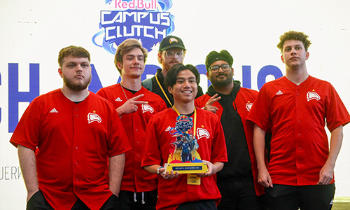 Winthrop Valorant Team posing with the 2023 RedBull Campus Clutch Trophy