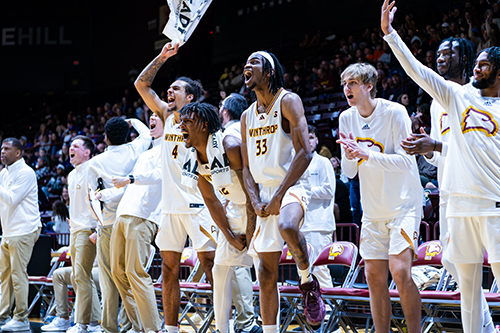 Men's Basketball team members cheering from the sidelines