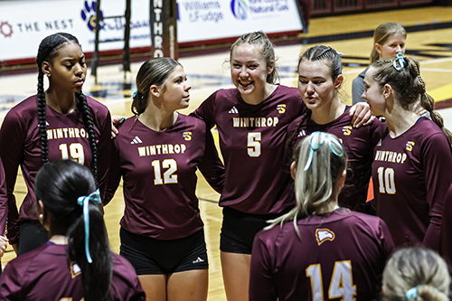 Volleyball team huddled on the court