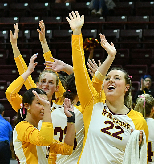 Volleyball players waving at fans