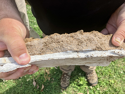 a close up of someone's hands holding a piece of the old fountain after the demolition