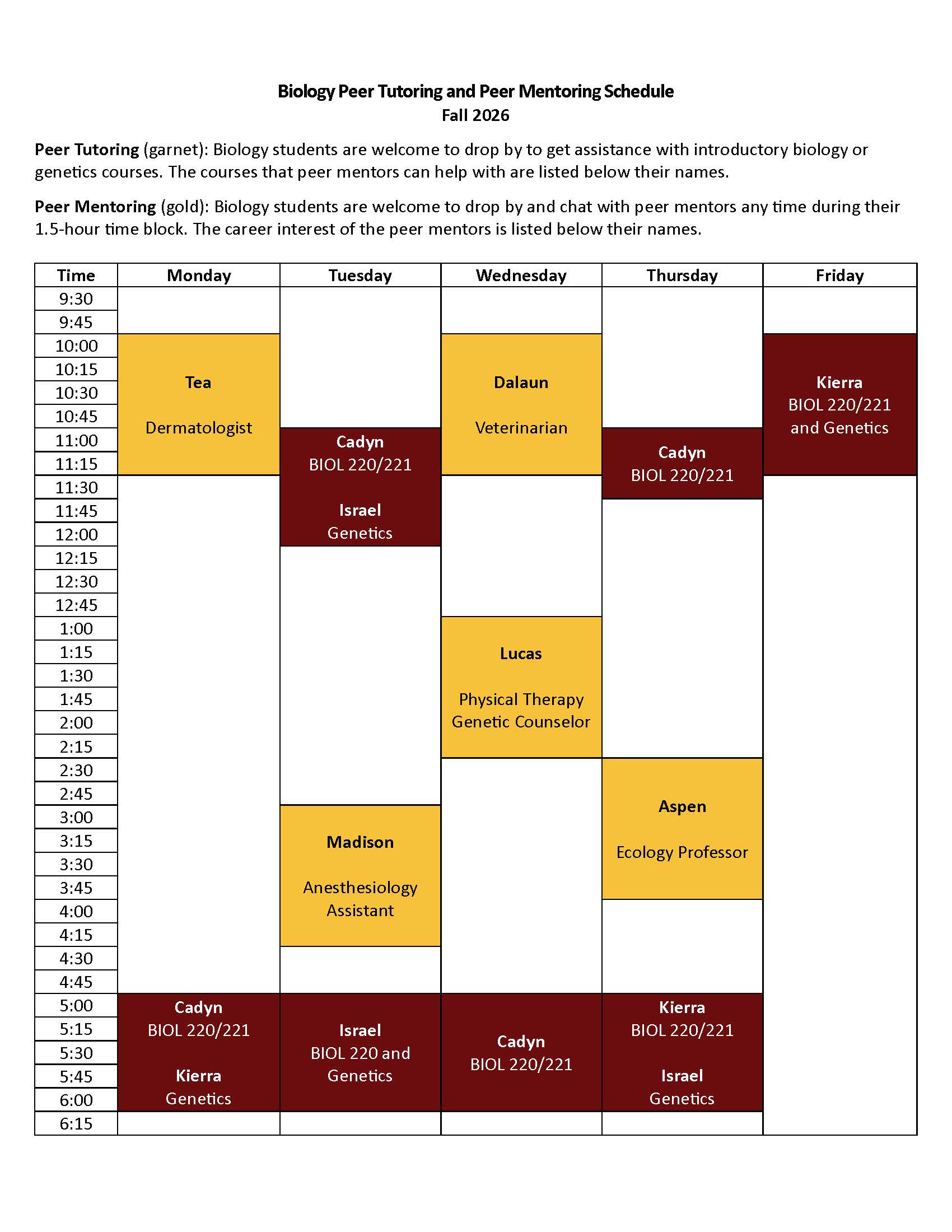 Biology Tutoring & Mentor Schedule Biology Tutoring & Mentor Schedule