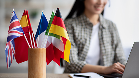 A woman working on a laptop with international flags on her desk