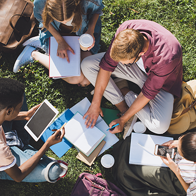 Students study outdoors.
