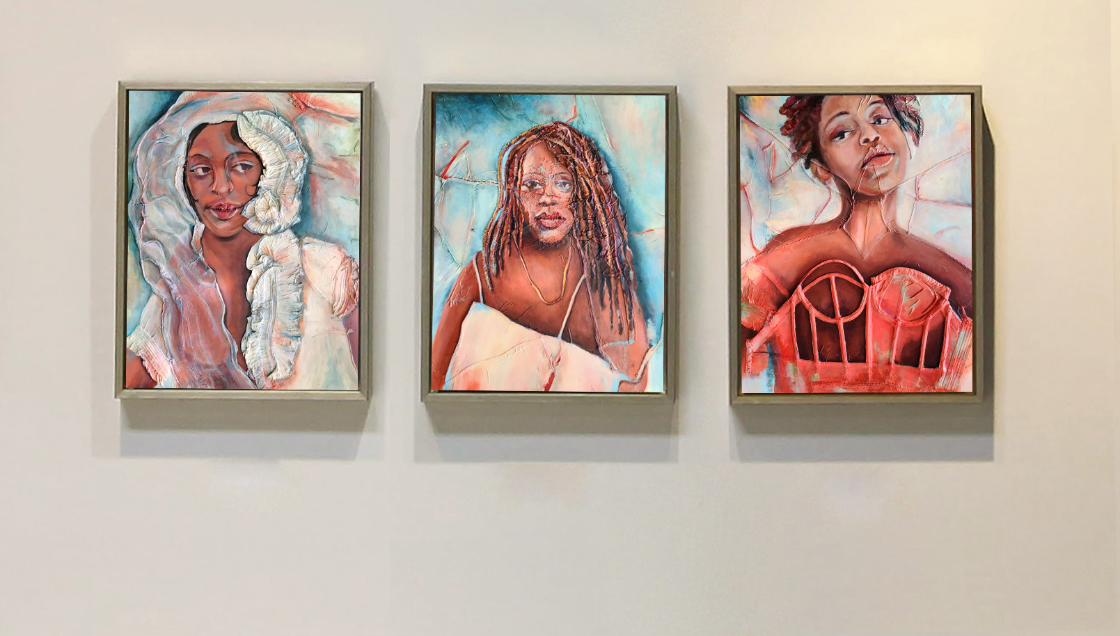 Trilogy for Cyndi, 2023, 32x84, oil on silk garments on panel