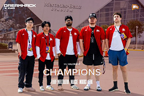 group photo of the Winthrop Valorant team with the word Champions overlaid