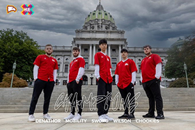 Five members of the Winthrop League of Legends team posing with the word Champions
                        overlaid 