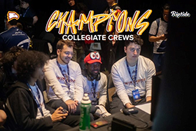 Four members of the Winthrop Smash Bros team playing the game with the words Champions
                        Collegiate Crews overlaid