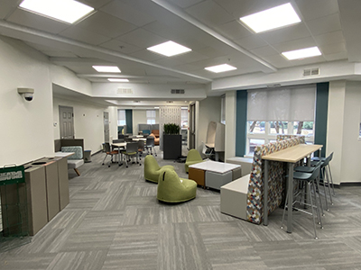Attractive and colorful seating options in a brightly lit and painted space
