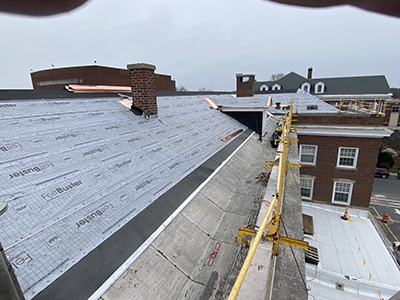 Rooftop with sky and buildings in background