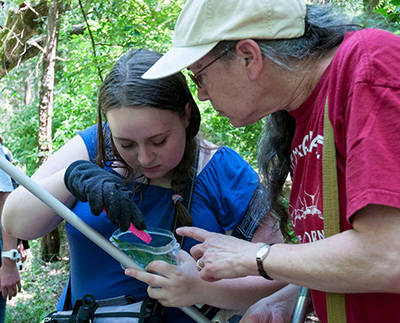 a student and professor collecting research samples in the woods