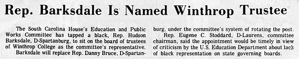 1981: Rep. Barksdale is Named Winthrop Trustee