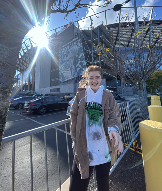 Maggie Moore repping her team, the Philadelphia Eagles
