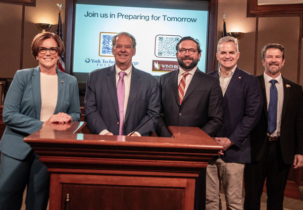 From left: York Technical College President Stacey Moore; Rock Hill Mayor John Gettys; Winthrop University Board of Trustees Chair Joel Hamilton '06; Winthrop University President Edward Serna '02; and Winthrop Provost Sebastian van Delden