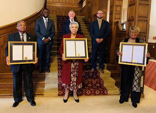 L-R, back row: S.C. Rep. Kambrell Garvin '13; Interim President George Hynd; S.C. Rep. John King; L-R, front row: Gene Mackey, widower of the late Arnetta Gladden Mackey '67; Cynthia Plair Roddey '67; Delores Johnson Hurt '68