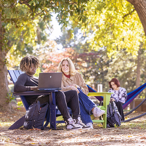 two students sitting outside looking at a laptop