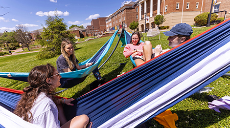 a group of students sitting in hammocks on the campus green
