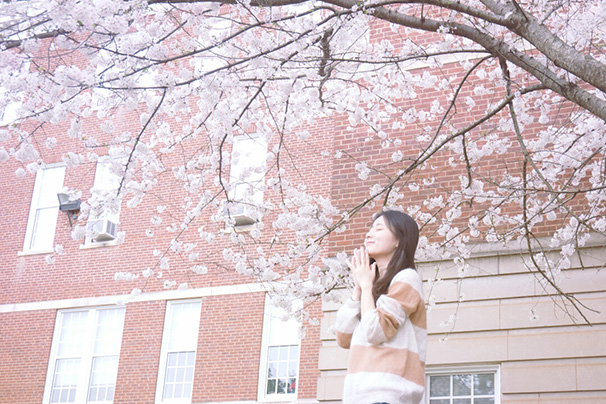 an international student standing under a flowering tree on campus on a beautiful
                  spring day with a calm smile on her face