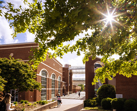 the sun shining between two buildings on campus