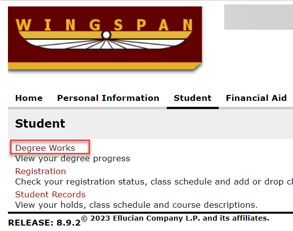Photo of the DegreeWorks link in Wingspan