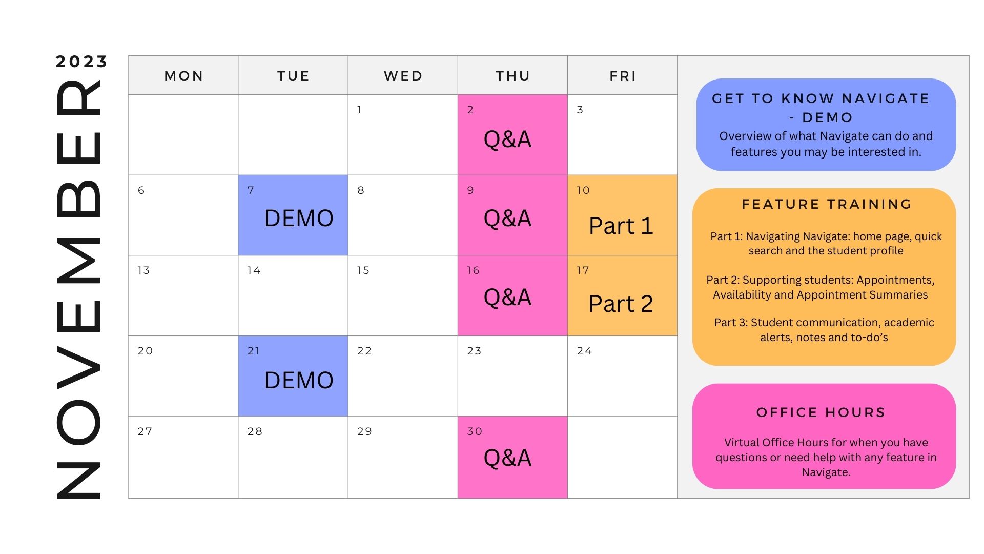 November Schedule for Navigate