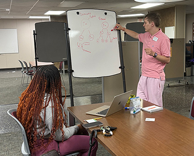 a tutor explaining a problem on a whiteboard for a student
