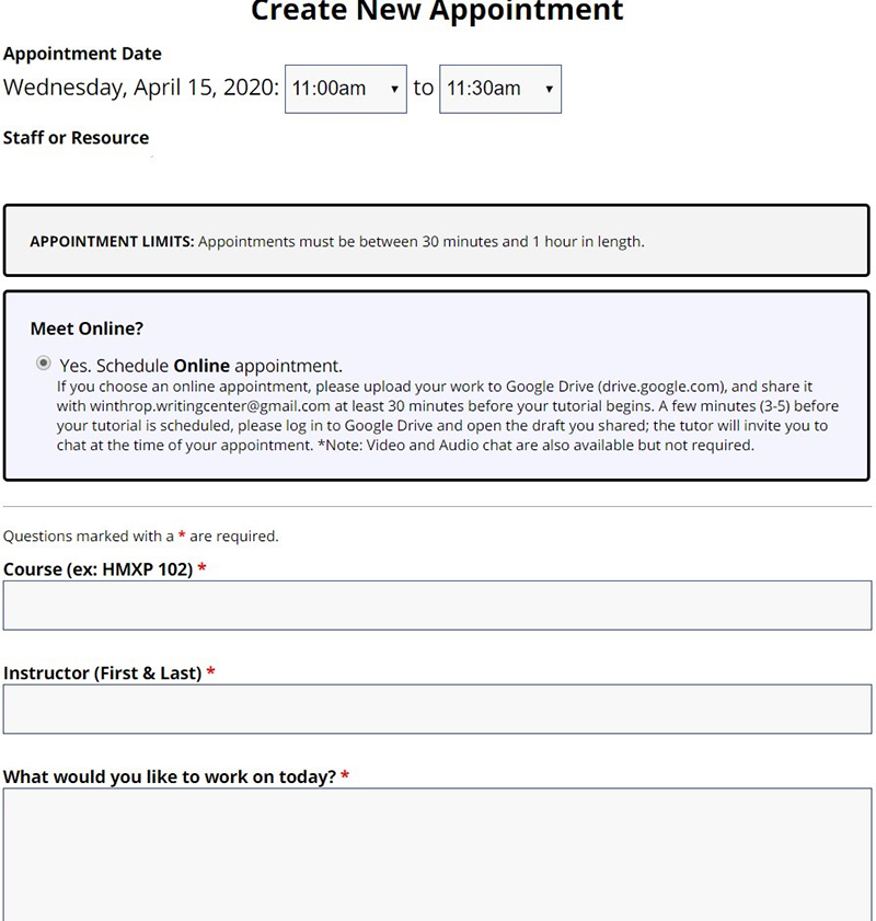 MyWCOnline Appointment Screen